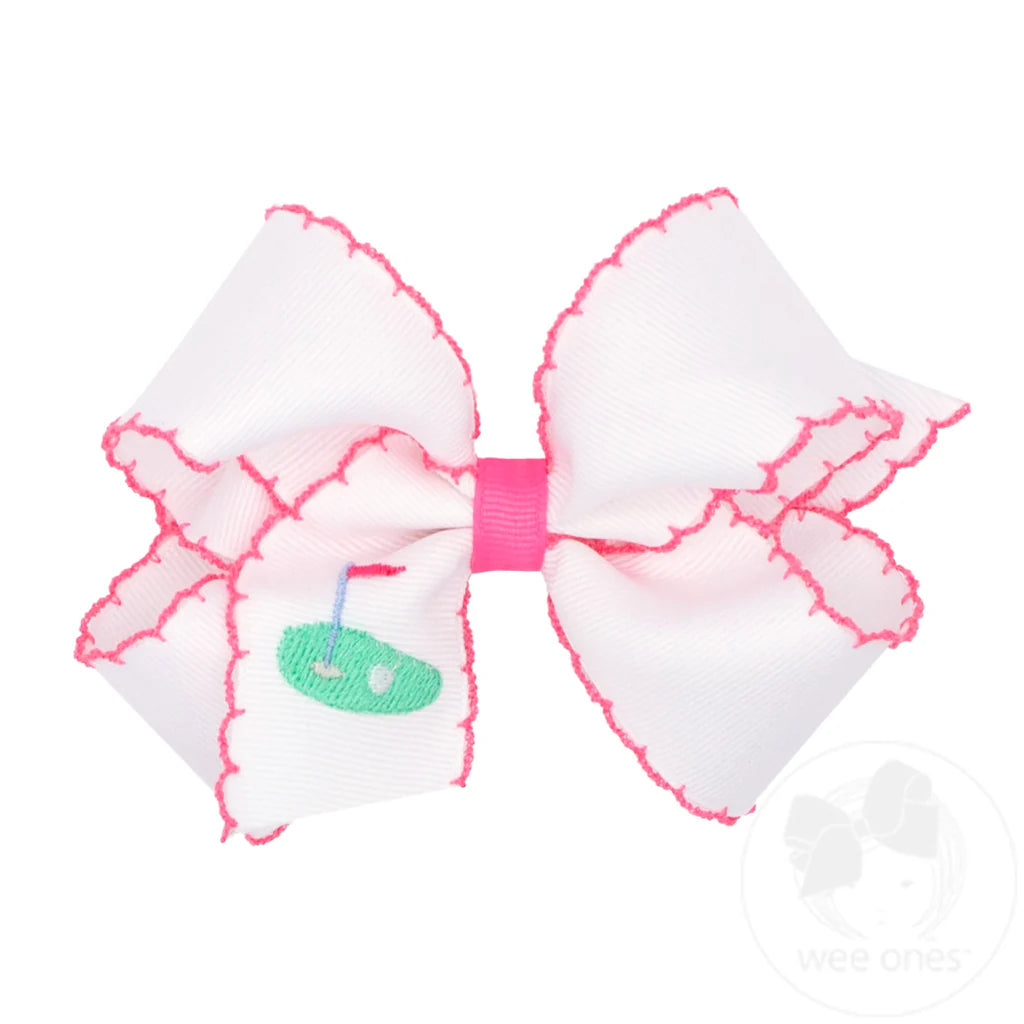 Medium Hair Bow with Moonstitch Edge and Golf Green Embroidery