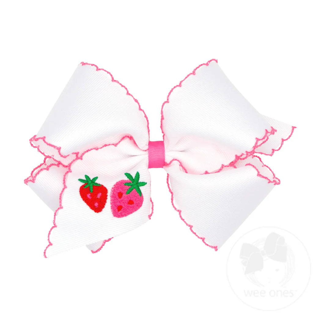 King Hair Bow with Moonstitch Edge and Strawberry Embroidery