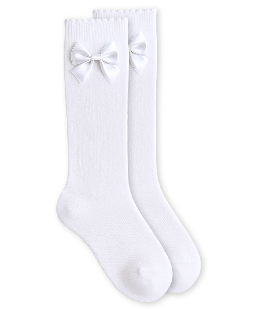 Satin Bow Scalloped Top Cotton Knee High Socks 1 Pair