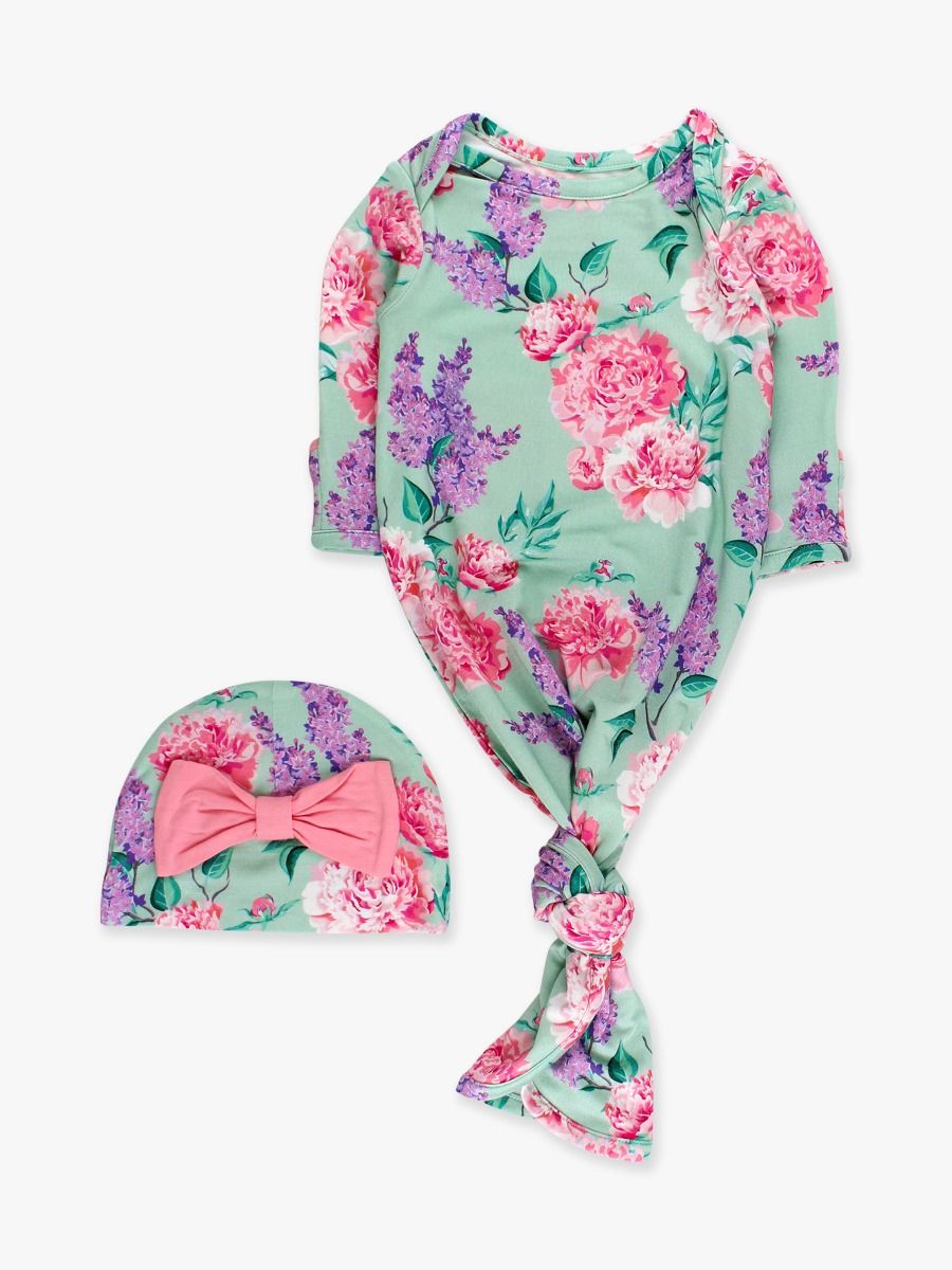 Sage Garden Ruffle Knotted Sleep Gown and Hat Set
