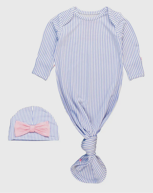 Pink Micro Stripe knotted sleep gown and hat set