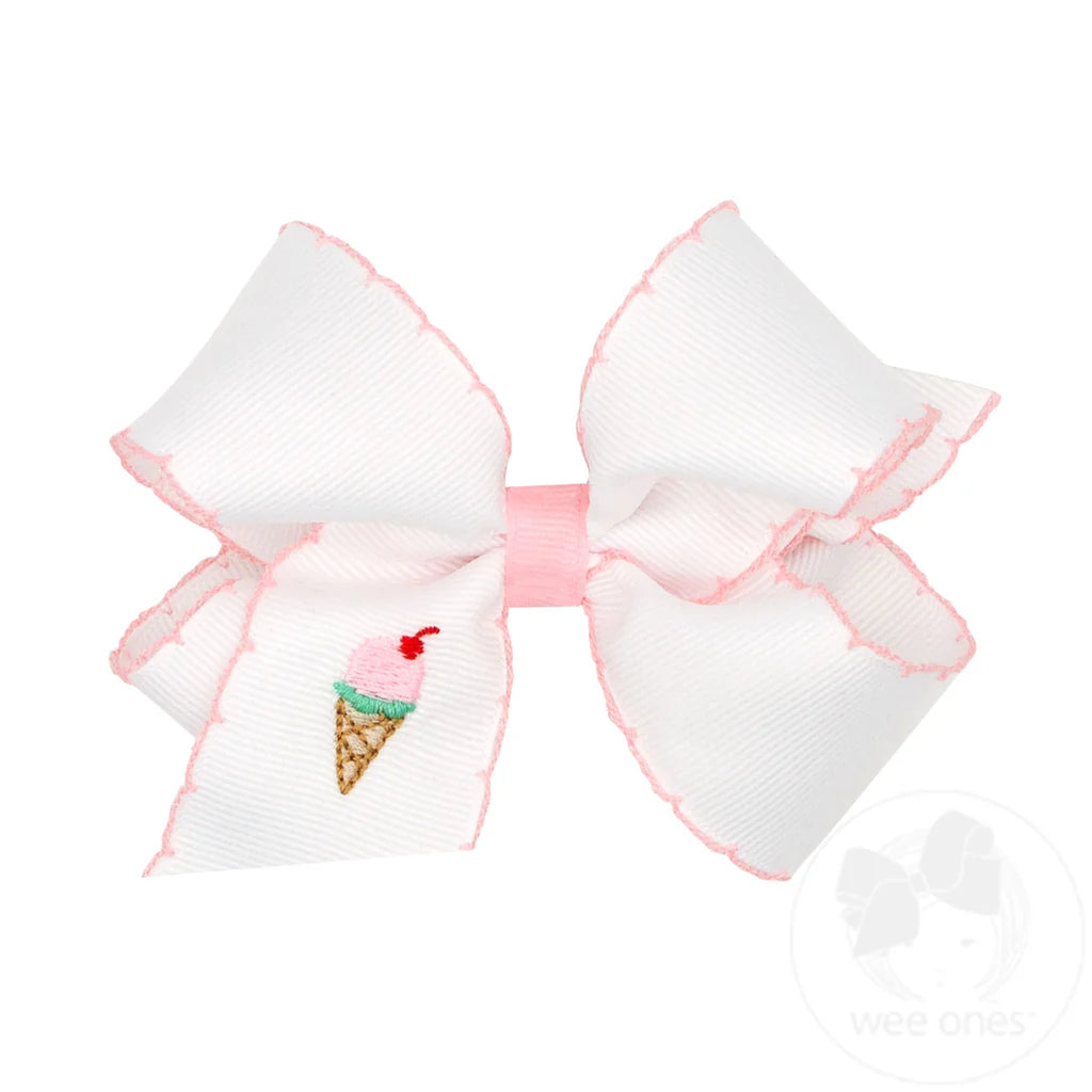 Medium Hair Bow with Moonstitch Edge and Ice Cream Embroidery