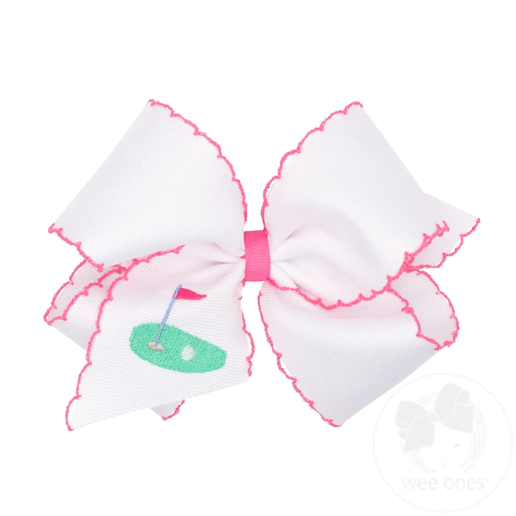 King Hair Bow with Moonstitch Edge and Golf Green Embroidery
