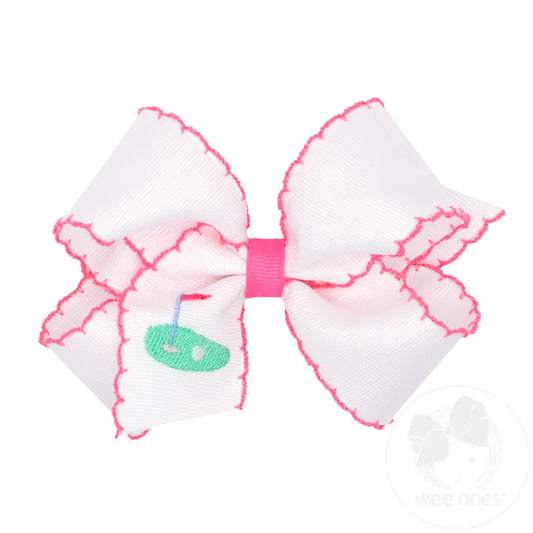Medium Hair Bow with Moonstitch Edge and Golf Green Embroidery