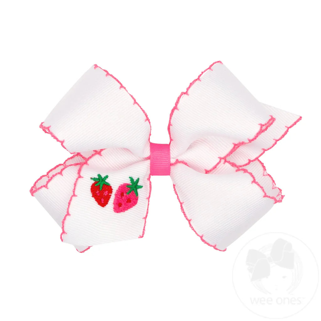 Medium Hair Bow with Moonstitch Edge and Strawberry Embroidery