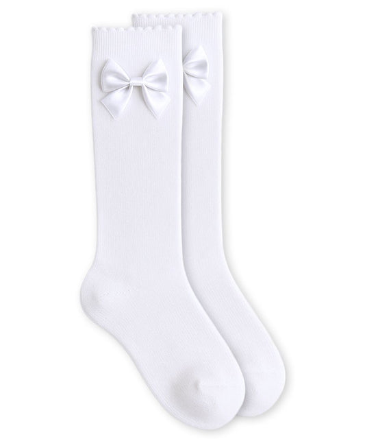 Satin Bow Scalloped Top Cotton Knee High Socks 1 Pair