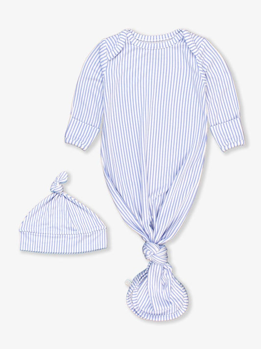 Periwinkle & White Striped Knotted Sleep Gown and Hat Set