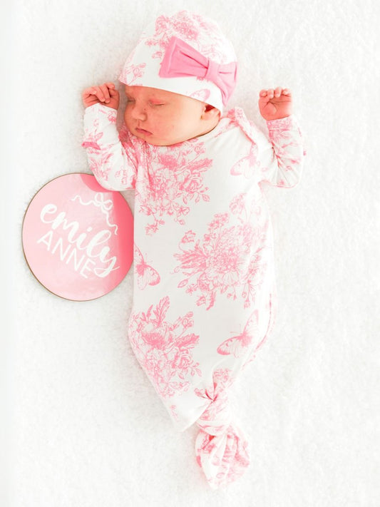 Pink Butterfly Garden Toile Ruffle Knotted Sleep Gown and Hat Set