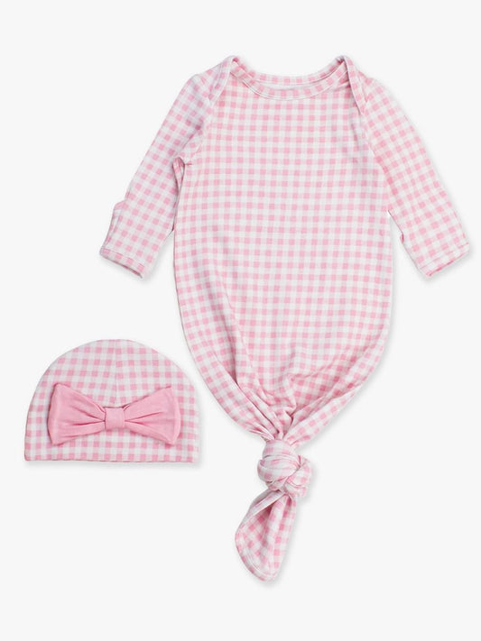 Pink Gingham Ruffle Knotted Sleep Gown and Hat Set